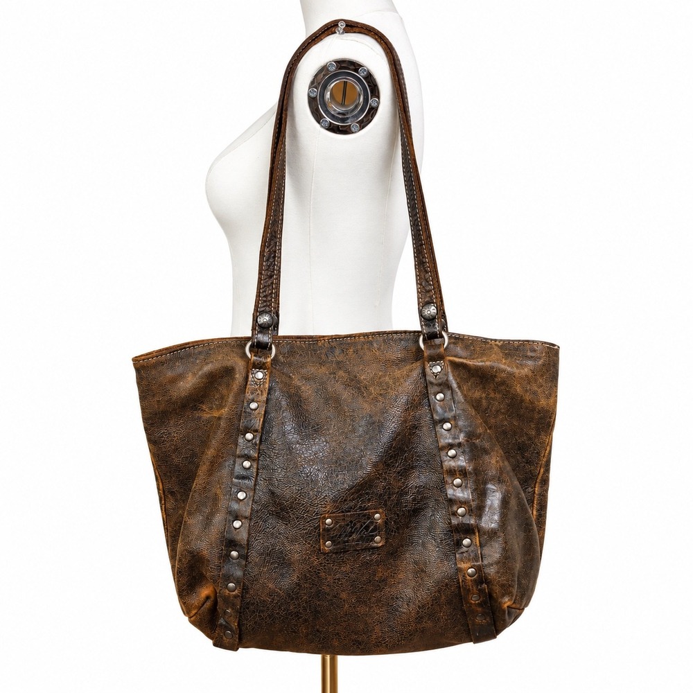 Patricia Nash Bag Italy Oversized Genuine Leather Brown Distressed Studded Boho